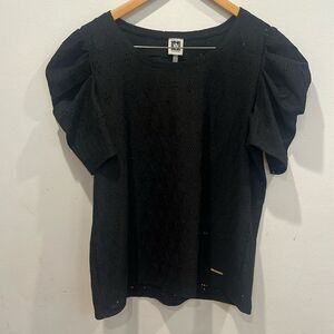 Anne Klein Women Large Black Puffsleeve Short Sleeve Eyelet Top Blouse Shirt